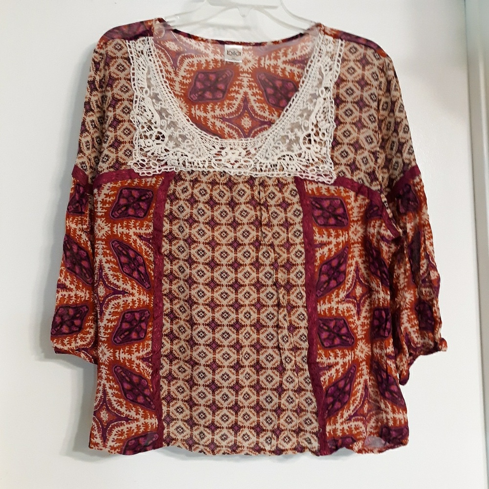 BILA ETHNIC PRINT PEASANT HIPPIE BOHO TOP, XL